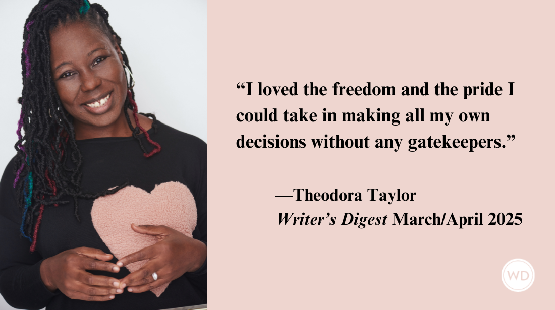 Photograph of author Theodora Taylor next to a quote from her that says &quot;I loved the freedom and the pride I could take in making all my own decisions without any gatekeepers.&quot;